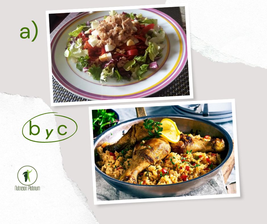 Ensalada de pimientos asados atún y huevo con arroz y pollo en una olla